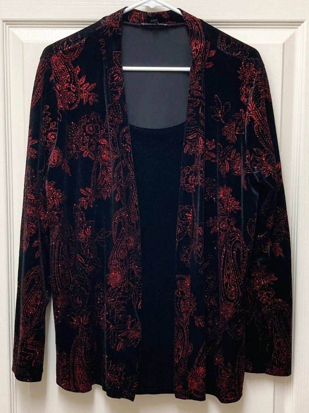 Notations Women's XL Mock Twin Set Black Velvet Red Glitter Shimmer Floral VTG